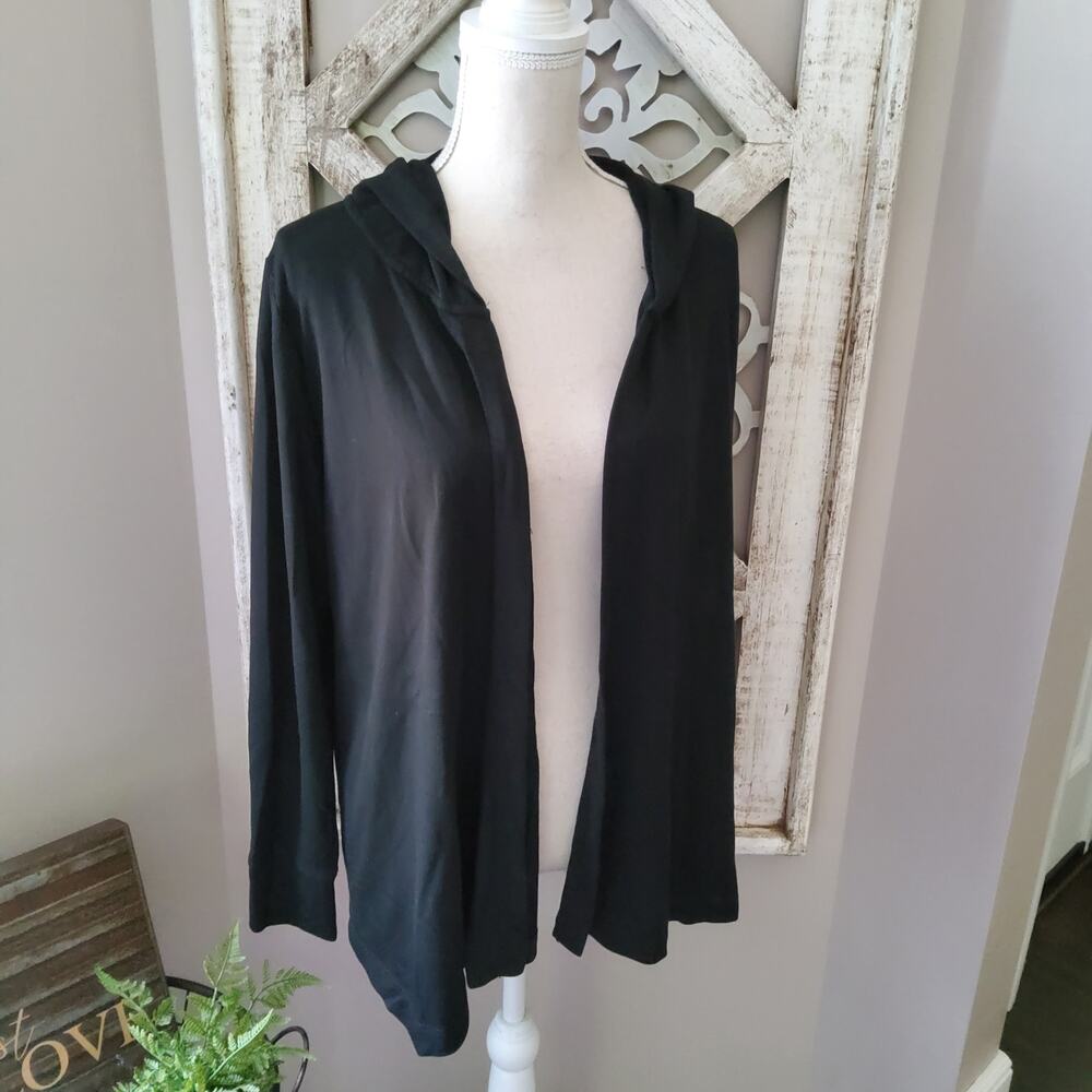 Xersion Women's Long Sleeve Hooded Ruched Tie Open Cardigan Cover Up in Black